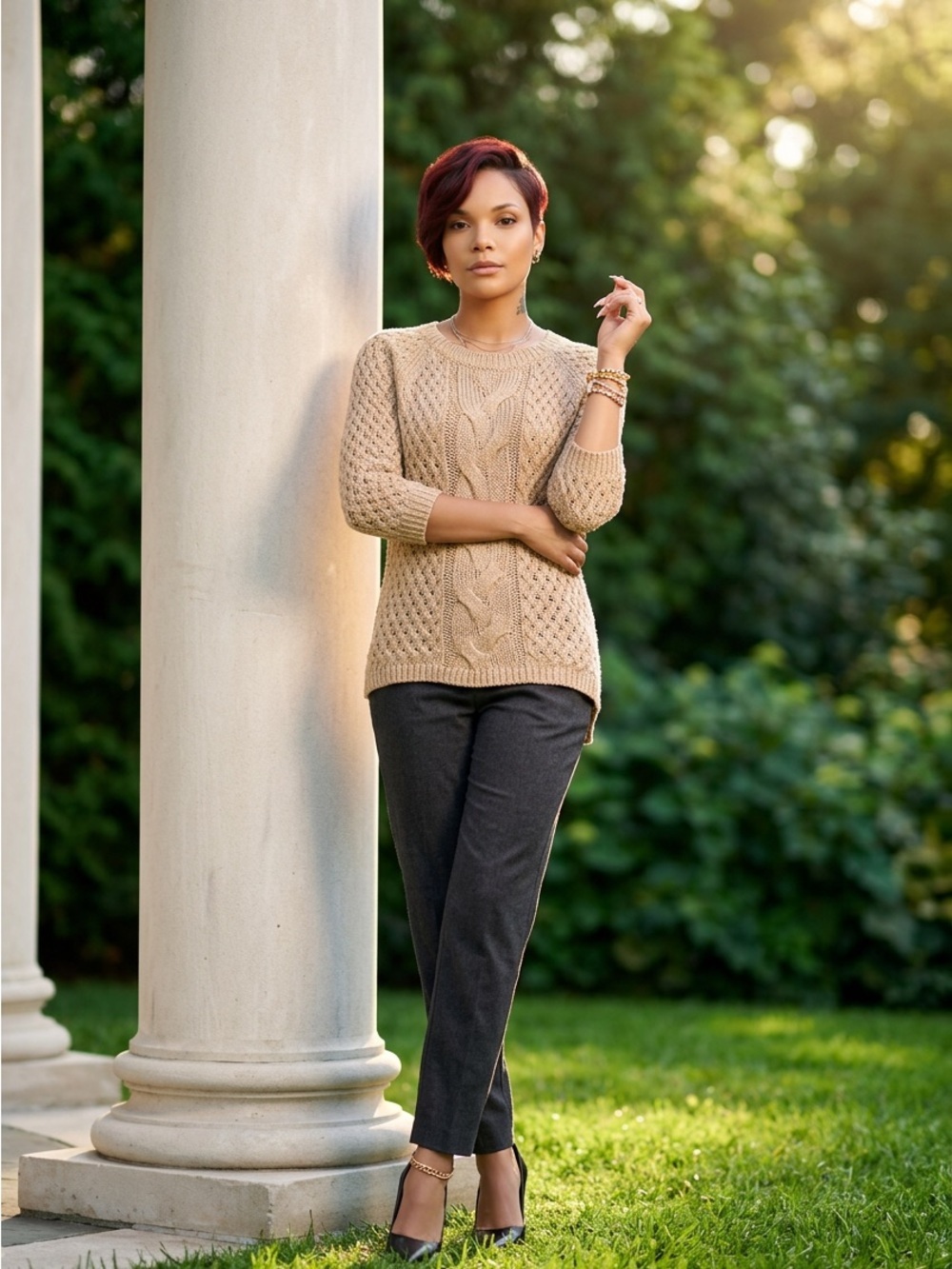 Women's Cable Knit 3/4 Sleeve Sweater - Beige
☑️